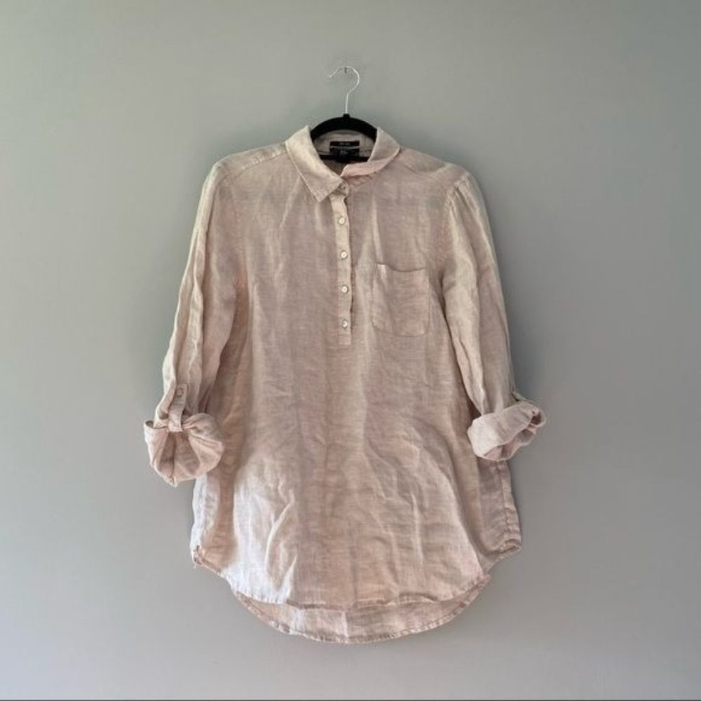 Jones & Co Linen Shirt Blouse Tan Pullover Tab Sleeve Medium